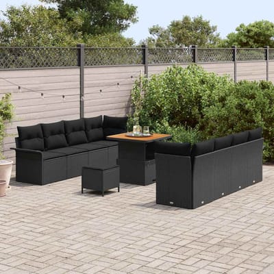 vidaXL - Tuinbank - Set - Zwart - Poly - Rattan - en - Staal - en - Massief - acaciahout