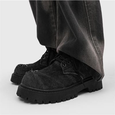 Heren Distressed Denim Derby Schoenen Chunky Grunge Platform Laarzen Avant-Garde Bulky Toe Niche Streetwear Schoeisel voor Trendy Jongeren 43 black