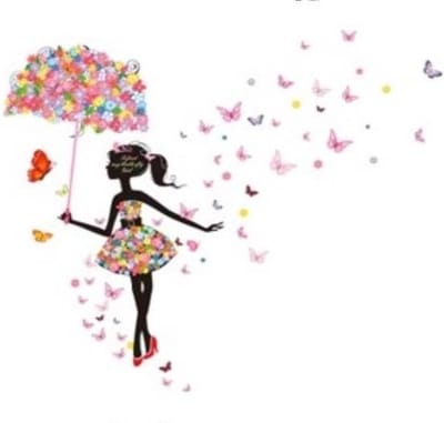 MUURSTICKER  - BLOEMEN MEISJE MET PARAPLU - WANDDECORATIE - KINDERKAMER - BABYKAMER -  MEISJE - nr 6931