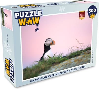 Puzzel Atlantische puffin tegen de roze hemel - Legpuzzel - Puzzel 500 stukjes