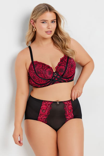 Yours Diepuitgesneden Bh Met Bloemenkant En Bandjesdetail In Zwart/Rood Size 85D