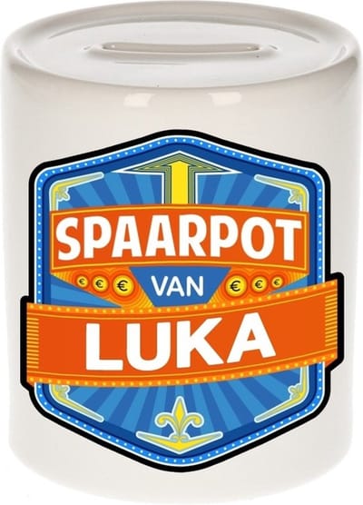Bellatio Decorations Kinder spaarpot met naam - Luka - keramiek - met dop - wit - Sparen - Spaargeld van Luka