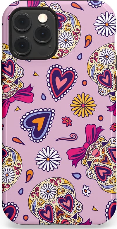 Casetastic hoesje geschikt voor Apple iPhone 12 / Apple iPhone 12 Pro - MagSafe - Dubbellaagse bescherming - Dia de los Muertos Doodshoofd Strik - Fashion Case - Lichtroze Lila Taupe Zilver