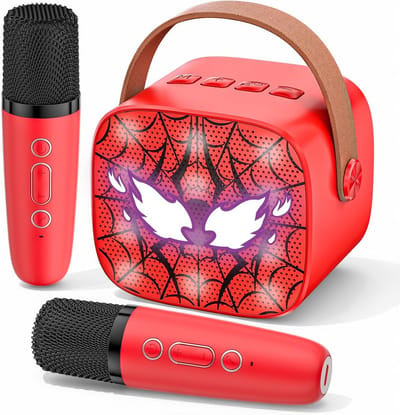 Karaoke machine voor kinderen van 3 tot 12 jaar met 2 microfoons, Bluetooth en spider design, perfect als cadeau voor jongens en meisjes