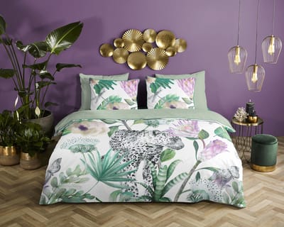 Descanso dekbedovertrek bloemen met een luipaard - 1 persoons 140x200/220 cm - Groen - 100% Katoen satijn
