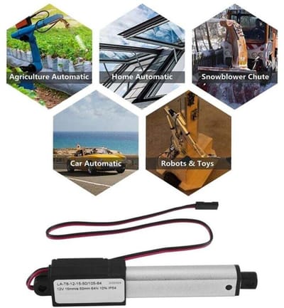 Miniatuur elektrische lineaire actuator - 2 inch slag, 64 N/14,4 lbs, snelheid 0,6 inch/sec, waterdicht, compact, 12V DC