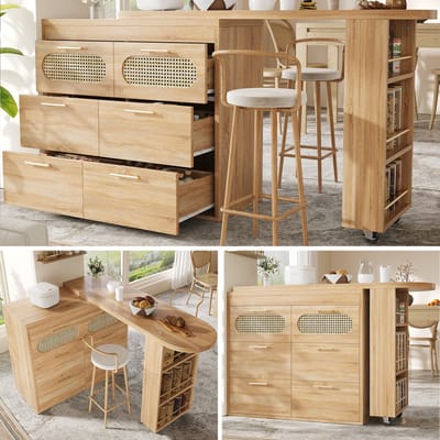 Bartafel - Met 6 Laden - 360° Draaibaar Met Kantelbeveiliging En Opbergruimte - Hout - Naturel