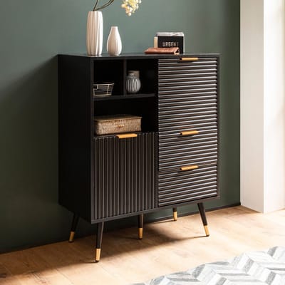 dressoir 77x97x40 cm dressoir zwart met eiken decor, ladekast met deuren en lades, ladekast halkast met plank modern, staande kast woonkamer metalen poten