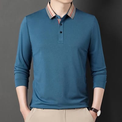 Heren Eenvoudig T-shirt met Lange Mouwen Urban Business Effen Kleur Revers Los Katoenen T-shirt Comfortabele Herfst Top XXXXL blue