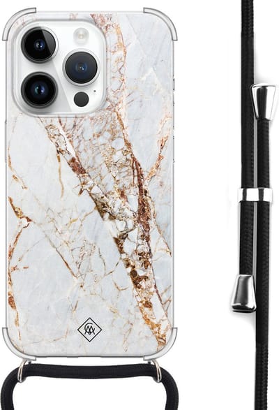 Casimoda® hoesje met koord - Geschikt voor iPhone 14 Pro - Marmer Goud - Afneembaar koord - Siliconen/TPU - Goudkleurig