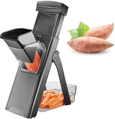 Mandoline, Veilige Aardappel & Groentesnijder, Instelbaar, Plakken & Julienne, Antislip, Inclusief Opvangbak, Zwart, RVS, Kunststof - GEFU | STANDO XL
