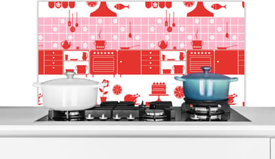 Spatscherm keuken 100x50 cm - Kookplaat achterwand Patronen - Pannen - Design - Huis - Roze - Muurbeschermer - Spatwand fornuis - Hoogwaardig aluminium