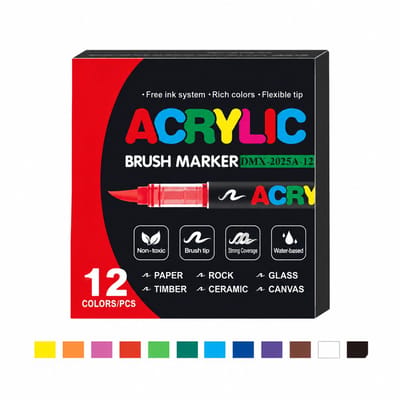 12 kleuren vloeibare acrylmarkers met zachte punt dekkend en geschikt voor lagen in doos