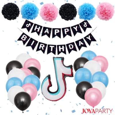 Joya Party® TikTok Verjaardag Feestset | Tik Tok Decoratie Pakket | Muziek Feestartikelen | Kinderverjaardag | TikTok Slinger & Ballonnen | Inhoud = 28 stuks