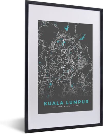 Fotolijst incl. Poster - Kuala Lumpur - Stadskaart - Plattegrond - Kaart - Blauw - 40x60 cm - Posterlijst