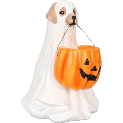 Halloween Geest Hond Beeld Hars Pompoen Hond Ornament Schattig Spookachtig Geest Hond Beeldje voor Binnen Buiten white