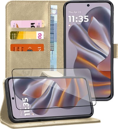 Hoesje geschikt voor Motorola Edge 50 Neo / Edge 60 Neo / Thinkphone 25 - Screenprotector Glas - Portemonnee Book Case Goud