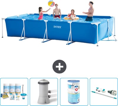 Intex Rechthoekig Frame Zwembad - 450 x 220 x 84 cm - Blauw - Inclusief Onderhoudspakket - Zwembadfilterpomp - Filter - Stofzuiger - 5-delig