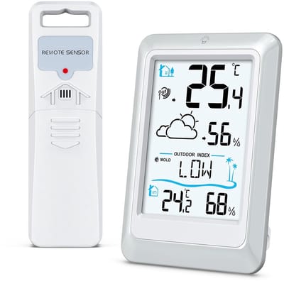 Weerstation Buiten - Hygrometer Thermometer - Weersvoorspelling Binnen - 100 Meter Bereik - 4 Inch Scherm - Zwart