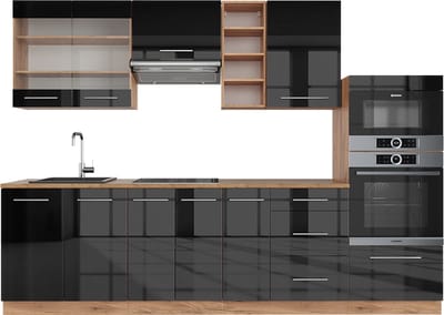 Vicco Fame-Line Complete keukeneenheid – 280 cm, WB Marmer Antraciet hoogglans/goud eiken