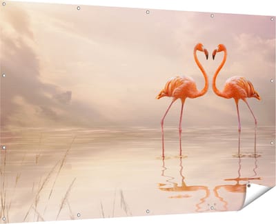 Gards Tuinposter Twee Flamingo's in een Hartjes Vorm - 180x120 cm - Tuindoek - Tuindecoratie - Wanddecoratie buiten - Tuinschilderij