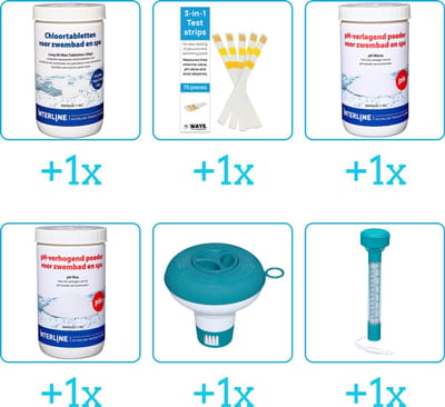 Zwembad Onderhoudspakket - Onderhoud Zwembad - bevat Chloor - Testrips - PH-min - PH-plus - Chloordrijver en Thermometer (6-delig)