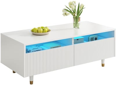 Salontafel - Met LED - Golvend Ladefront Met 2 Lades En Kleurwisselende Lichtstrip - MDF - Wit