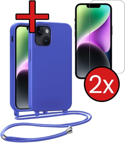 Hoesje Geschikt voor iPhone 13 Mini Hoesje Siliconen Case Met Koord Met 2x Screenprotector - Hoes Geschikt voor iPhone 13 Mini Hoesje Backcover Met Telefoonkoord - Felblauw