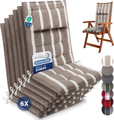 Beautissu Sun-HL – Set van 6 Premium Hoge Rugleuning Stoelkussen 120x50 cm – UV-bestendig – 8cm Dik – met Hoofdkussen & Bevestigingsbanden – Antislip – Beige Wit Gestreept