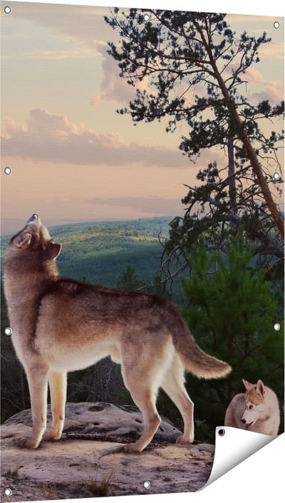 Gards Tuinposter Drie Wolven op een Rots in het Bos - 80x120 cm - Tuindoek - Tuindecoratie - Wanddecoratie buiten - Tuinschilderij