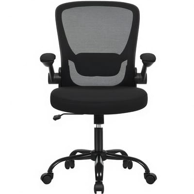 Ergonomische bureaustoel 66×60×(99-107)cm zwart, ademende rugleuning, verstelbaar lendenkussen, kantel- en schommelfunctie, inklapbare armleuningen, comfortabel kussen, maximaal draagvermogen 120 kg, geschikt voor kantoor, bureau, studie en werk