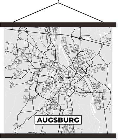 Posterhanger incl. Poster 60x60 cm - Schoolplaat - Plattegrond - Augsburg - Kaart - Stadskaart - Duitsland - Textielposter - Zwarte latten - Stadskaart