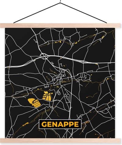 Posterhanger incl. Poster 40x40 cm - Schoolplaat - Genappe - Kaart - Plattegrond - Goud - Stadskaart - Textielposter - Blanke latten - Stadskaart