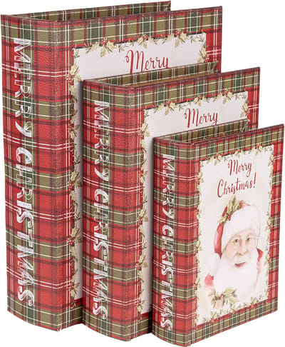 Clayre & Eef Opbergdoos Set van 3 Boeken 27x22x7 / 22x17x6 / 17x12x4 cm Rood Wit MDF Kerstman