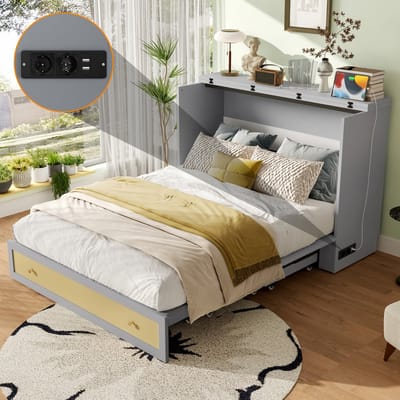 Opklapbed - 140x200 cm - Met Opberglades en Rek - USB en Stopcontact - Hout - Grijs