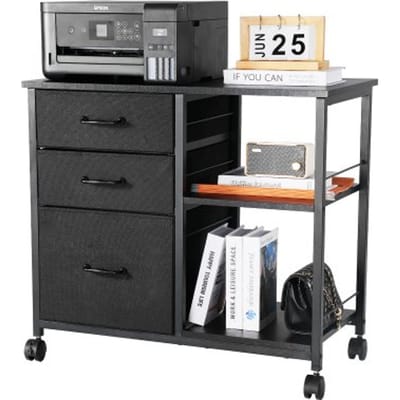 VEVOR Archiefkast met 3 stoffen laden, mobiele container met 2 open planken, opbergkast voor kantoorbenodigdheden, printerdocumenten (zwart, 75 x 40 x 68 cm)