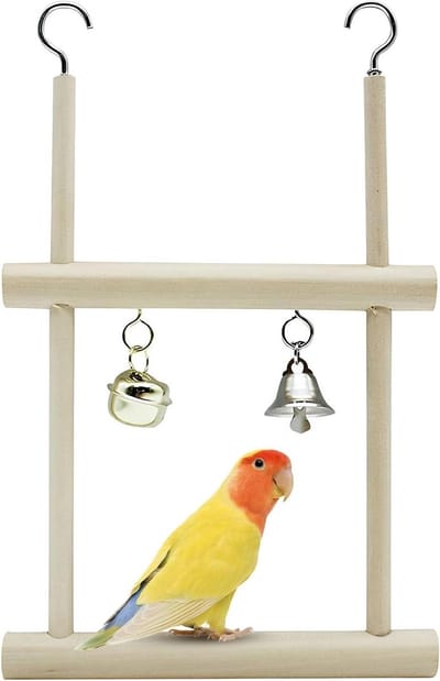 Houten Zitstokladder - Vogel speelgoed - Vogelkooi verrijking - Met belletjes - 21 x 13 x 2 cm - Natuurlijk