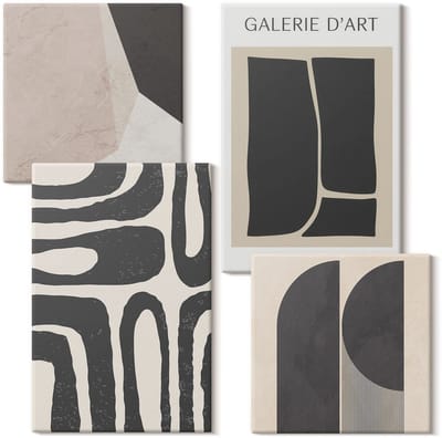 Wallfluent Set van canvas schilderijen - Abstracte vormen minimalistische posters Canvas Schilderijen Set - Set van 4 Canvas Schilderijen - Zwart Set van Canvas Prints - Abstractie Canvas Kunst Set - Boheemse Canvas Kunst Set