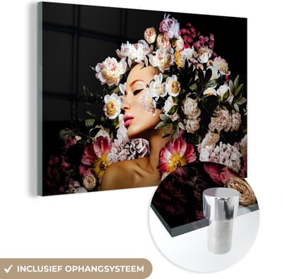 MuchoWow® Glasschilderij 60x40 cm - Schilderij acrylglas - Vrouwen - Bloemen - Rozen - Portret - Foto op glas - Schilderijen