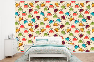 Behang - Fotobehang Design - Retro - Theepot - Kleuren - Breedte 345 cm x hoogte 220 cm