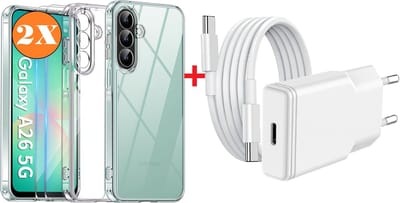 USB C Adapter A26 oplader - USB C Snellader 20W Met 1m Kabel - Hoesje Geschikt voor Samsung Galaxy A26 hoesje transparant Anti Shock silicone met 2x screenprotector- Ntech COMBI-SET