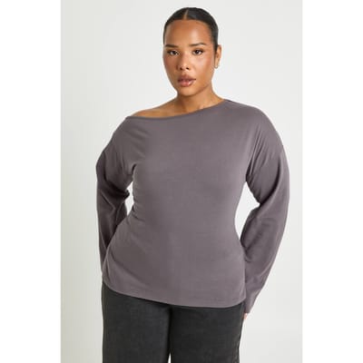 boohoo Dames Plus Off-shoulder Top met Gerimpelde en Gespleten Zoom | Mauve | Maat: 44