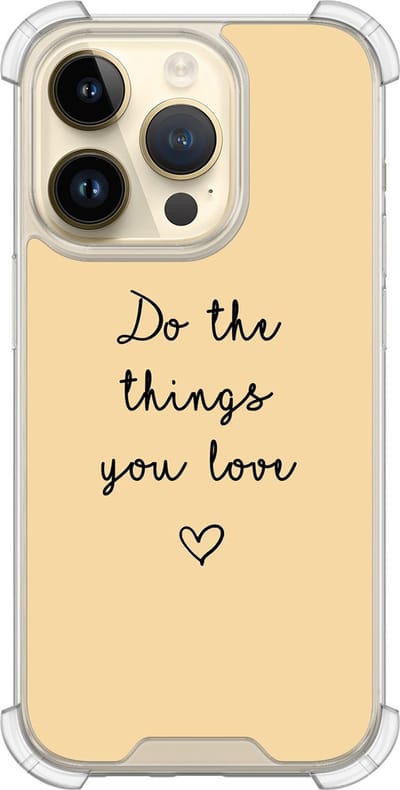 Shockproof hoesje - Geschikt voor iPhone 14 Pro - Do the things with love - Extra sterke case - TPU/polycarbonaat - Tekst - Geel, Transparant