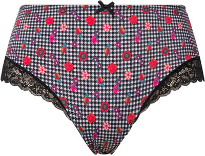 Ulla Popken - Dames - Midislip pied-de-poule patroon bloemen kant - Zwart - Maat 58+