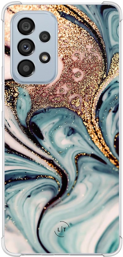 Shockproof hoesje - Geschikt voor Samsung Galaxy A53 - Marmer blauw goud - Extra sterke case - TPU/polycarbonaat - Marmer - Blauw, Goud, Transparant