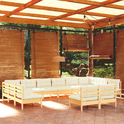 vidaXL - 12-delige - Loungeset - met - crèmekleurige - kussens - grenenhout