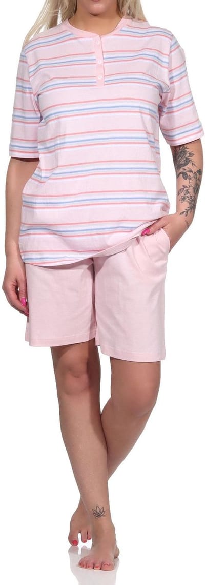 Dames shortypyjama met korte mouwen in pastelkleurige strepen - 122 205 90 863