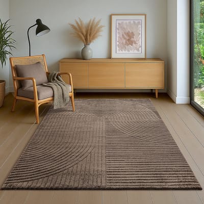 Vloerkleed Elio Japandi – Modern Design met Halve Cirkels in Bruin-80 x 150 cm