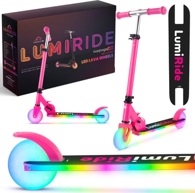LUMI RIDE Kinderstep 2 wielen, Scooter voor kinderen vanaf 3 jaar, LED - 7 kleuren, 20 programma’s - 3 niveaus stuurverstelling, voetrem, afneembare handvatten (Fuchsia)