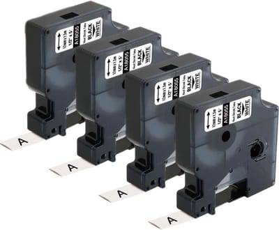 Dailygoods- Label Tape 1/2" Zwart/Wit - Vervangingsetiketten - Compatibel met DYMO Rhino 4200/5200/5000 - 4-Pack - Schrijfbaar - Etiketten